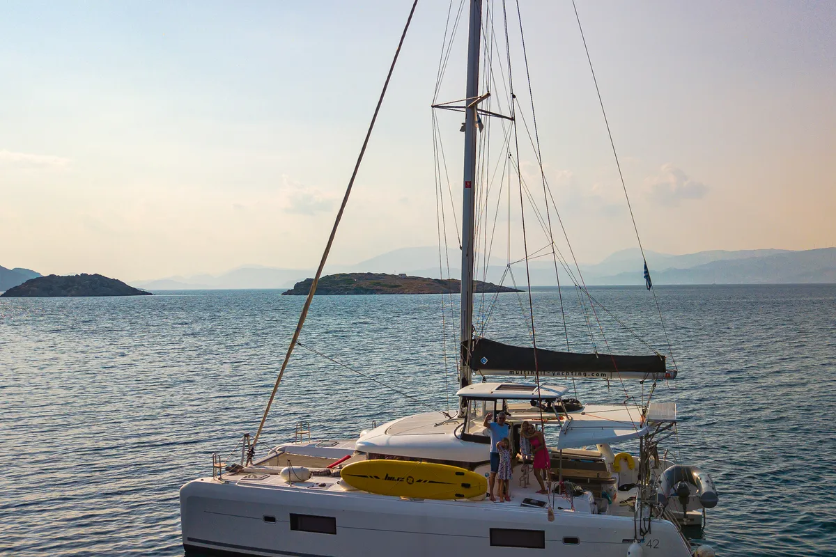 Exterior view of Chamotte, a Lagoon 42 catamaran at Lavrion, Greece