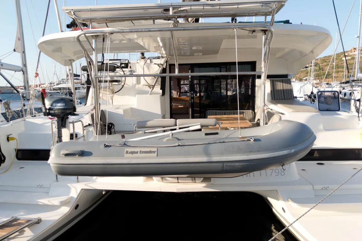 Exterior view of Chamotte, a Lagoon 42 catamaran at Lavrion, Greece