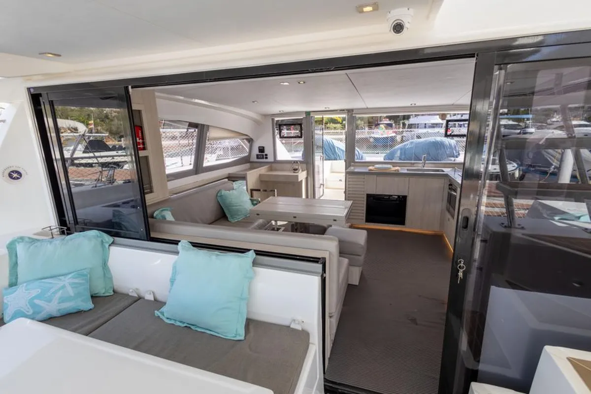 Salon of LEOPARD 43 PAULINE POWERCAT , a Leopard 43 PC catamaran at Sant Antoni de Portmany, Spain