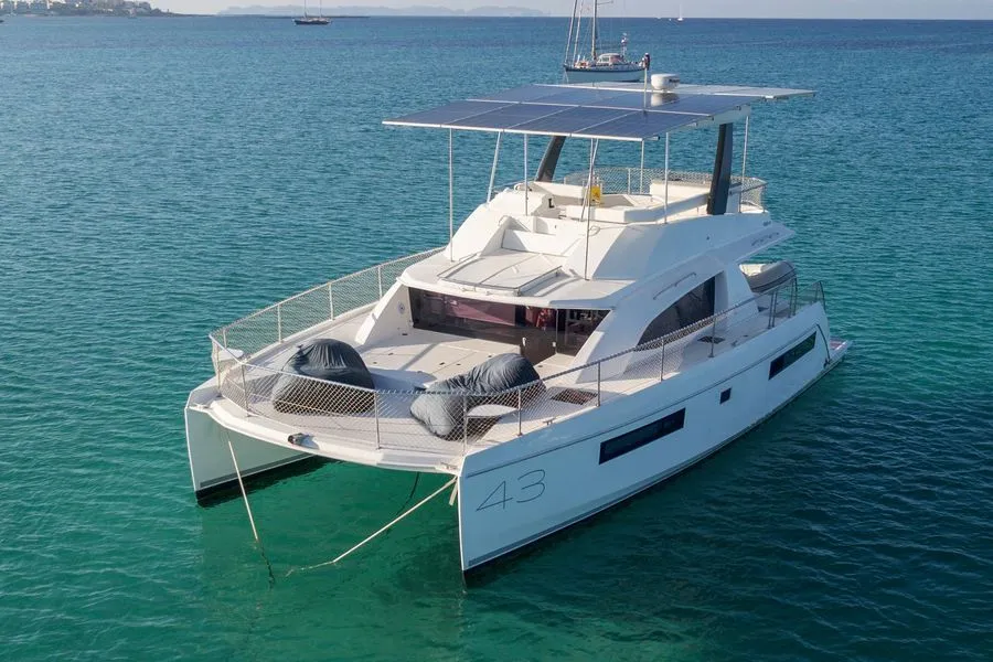 Exterior view of LEOPARD 43 PAULINE POWERCAT , a Leopard 43 PC catamaran at Sant Antoni de Portmany, Spain