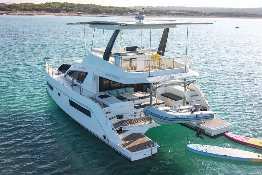 Exterior view of LEOPARD 43 PAULINE POWERCAT , a Leopard 43 PC catamaran at Sant Antoni de Portmany, Spain