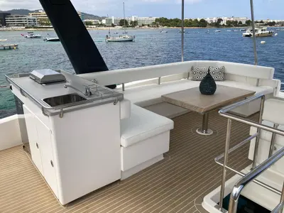 Deck of LEOPARD 43 PAULINE POWERCAT , a Leopard 43 PC catamaran at Sant Antoni de Portmany, Spain