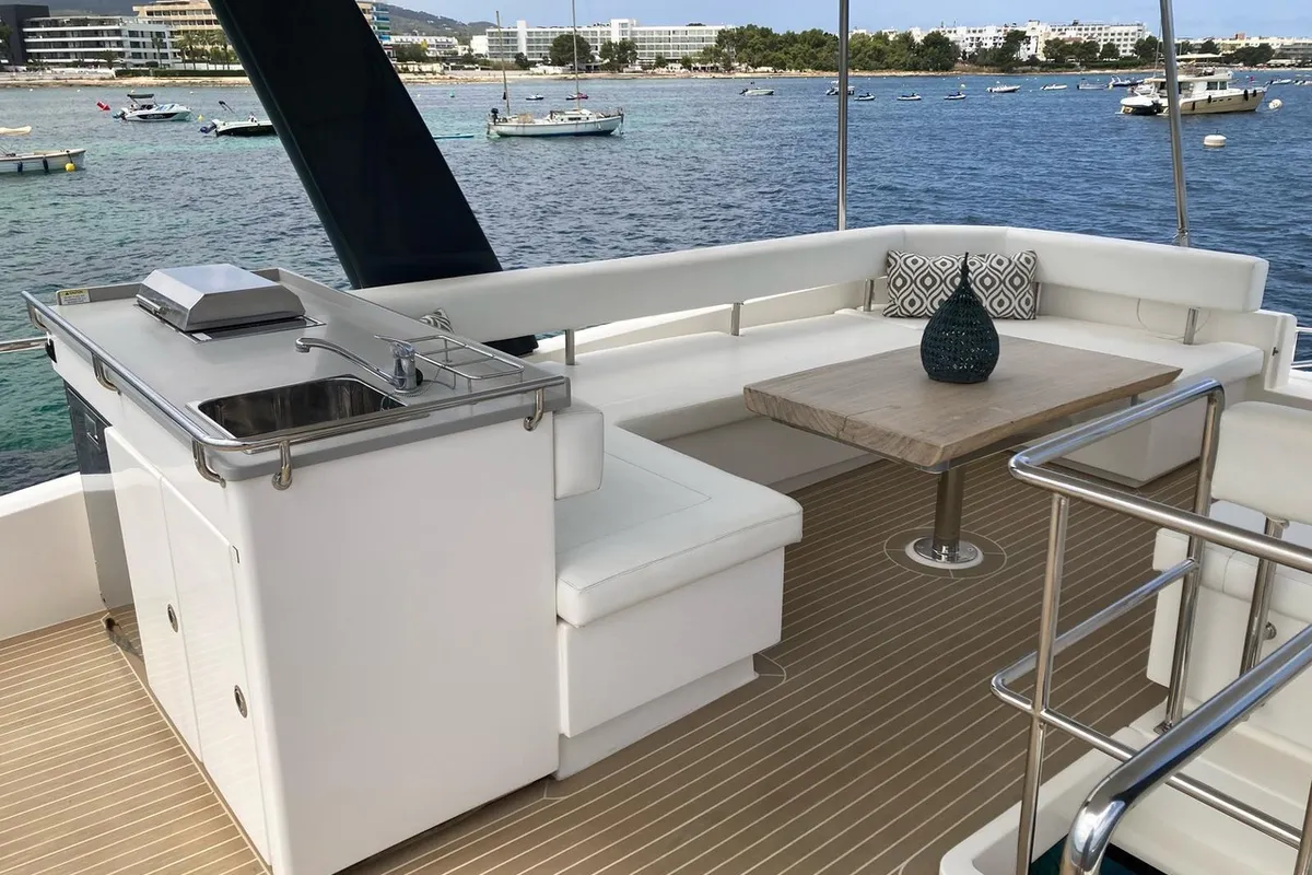 Deck of LEOPARD 43 PAULINE POWERCAT , a Leopard 43 PC catamaran at Sant Antoni de Portmany, Spain