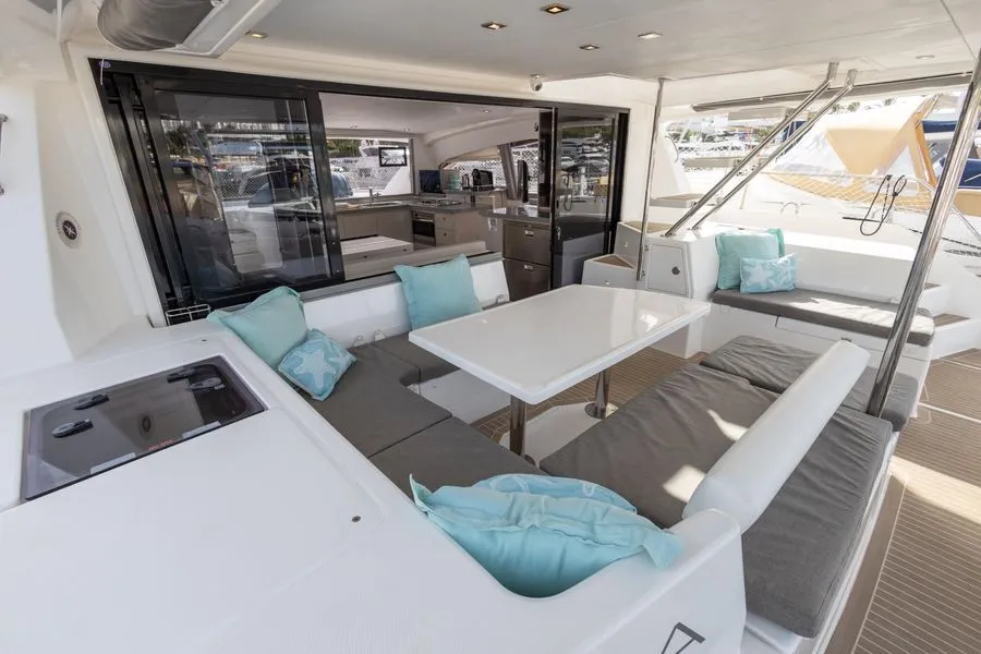 Deck of LEOPARD 43 PAULINE POWERCAT , a Leopard 43 PC catamaran at Sant Antoni de Portmany, Spain