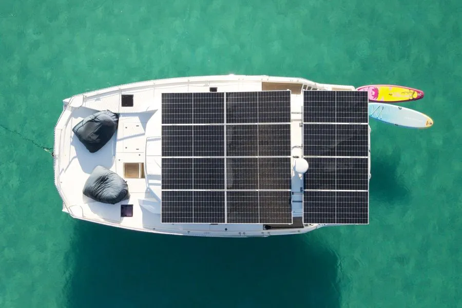 Exterior view of LEOPARD 43 PAULINE POWERCAT , a Leopard 43 PC catamaran at Sant Antoni de Portmany, Spain
