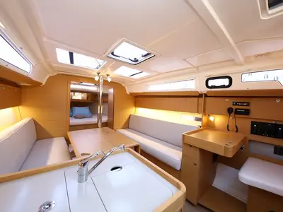 Salon of Coconut Kiss, a Dufour 360 GL sailboat at Marmaris, Turkey