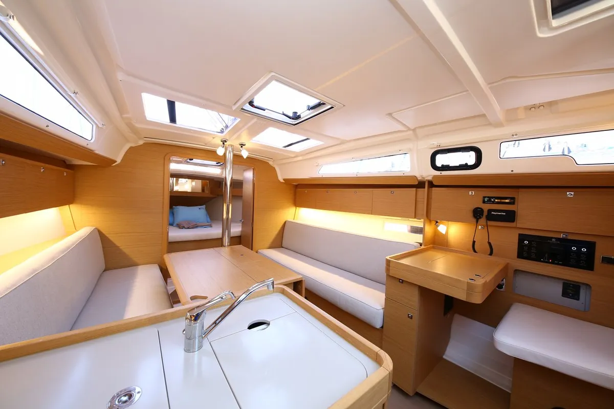 Salon of Coconut Kiss, a Dufour 360 GL sailboat at Marmaris, Turkey