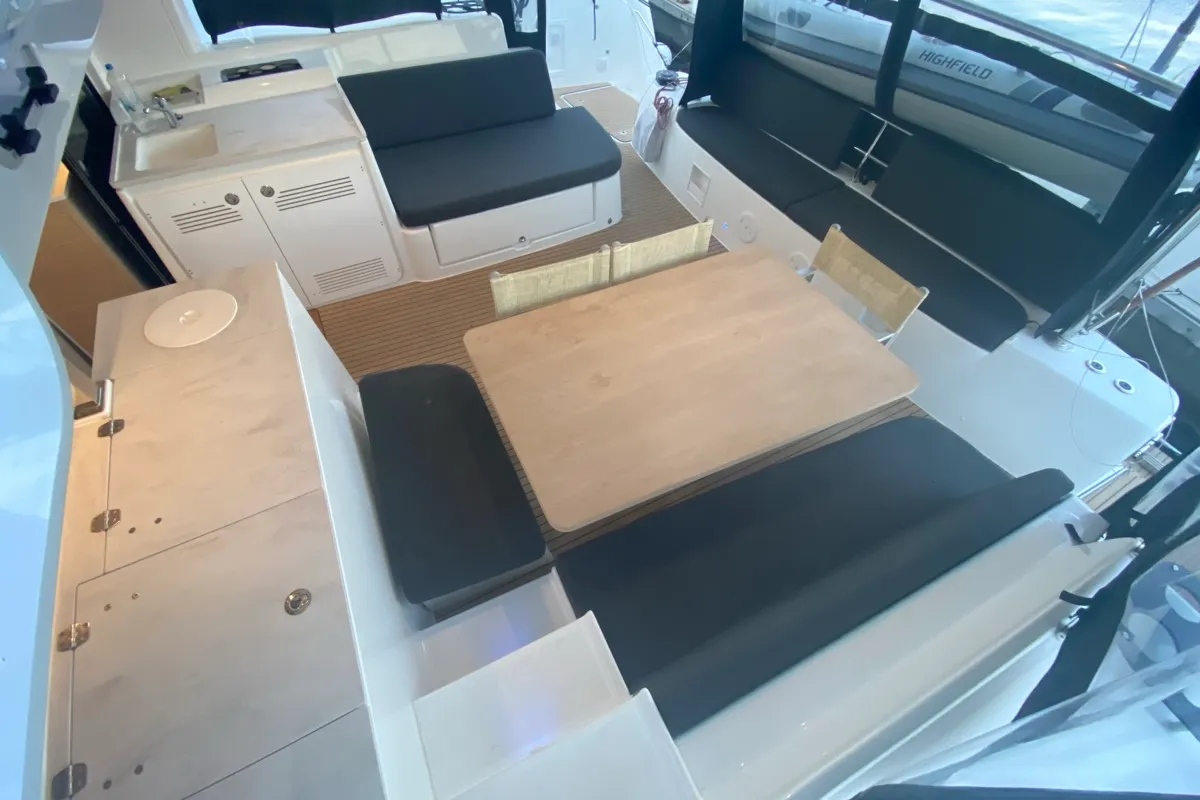 Deck of Arcturus, a Lagoon 46 catamaran at Olbia, Italy