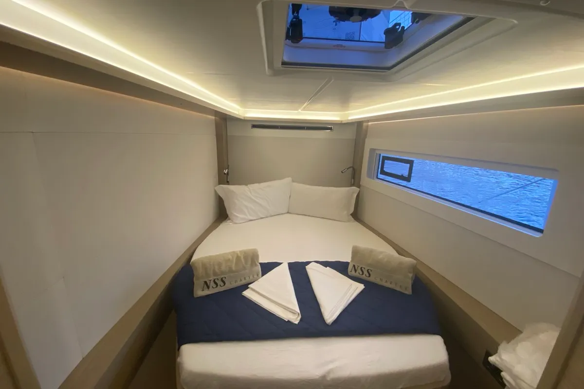 Cabin on Arcturus, a Lagoon 46 catamaran at Olbia, Italy