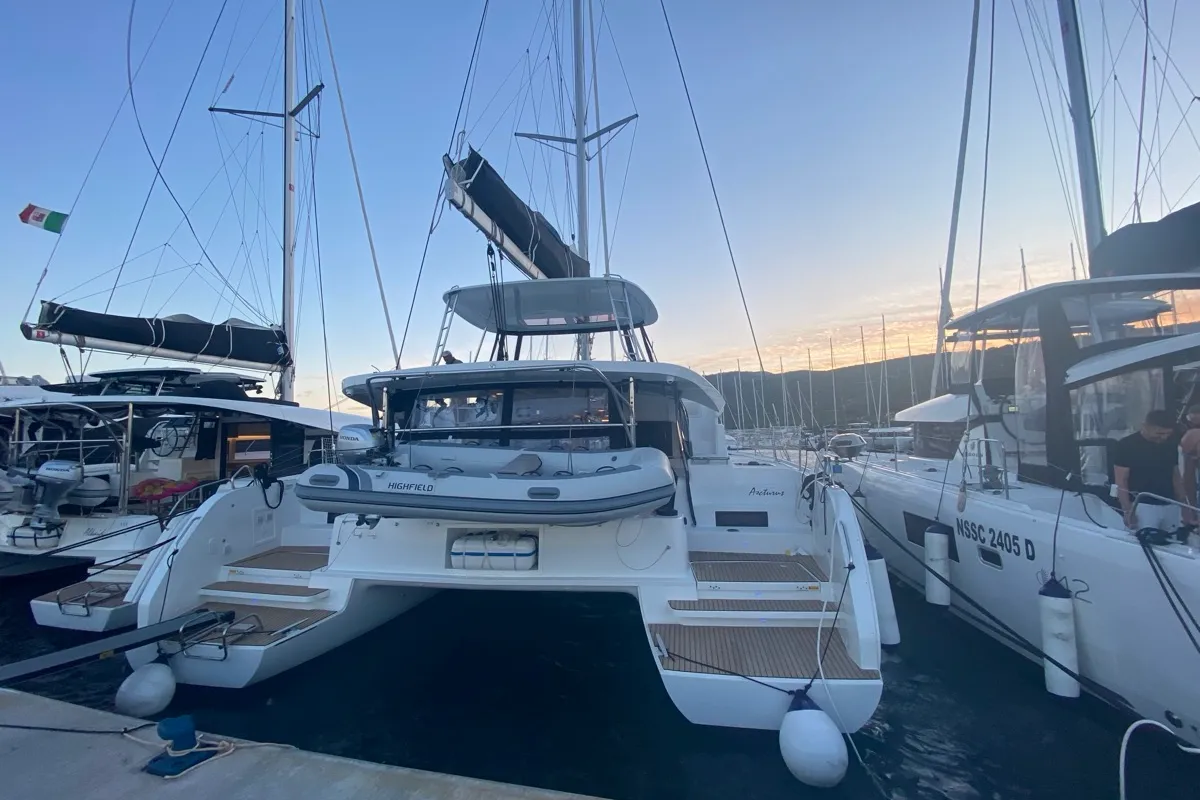 Exterior view of Arcturus, a Lagoon 46 catamaran at Olbia, Italy