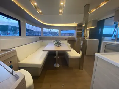 Salon of Arcturus, a Lagoon 46 catamaran at Olbia, Italy