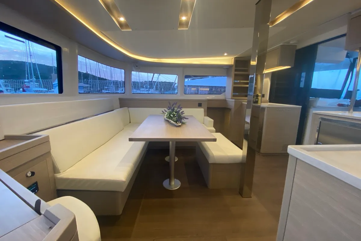 Salon of Arcturus, a Lagoon 46 catamaran at Olbia, Italy