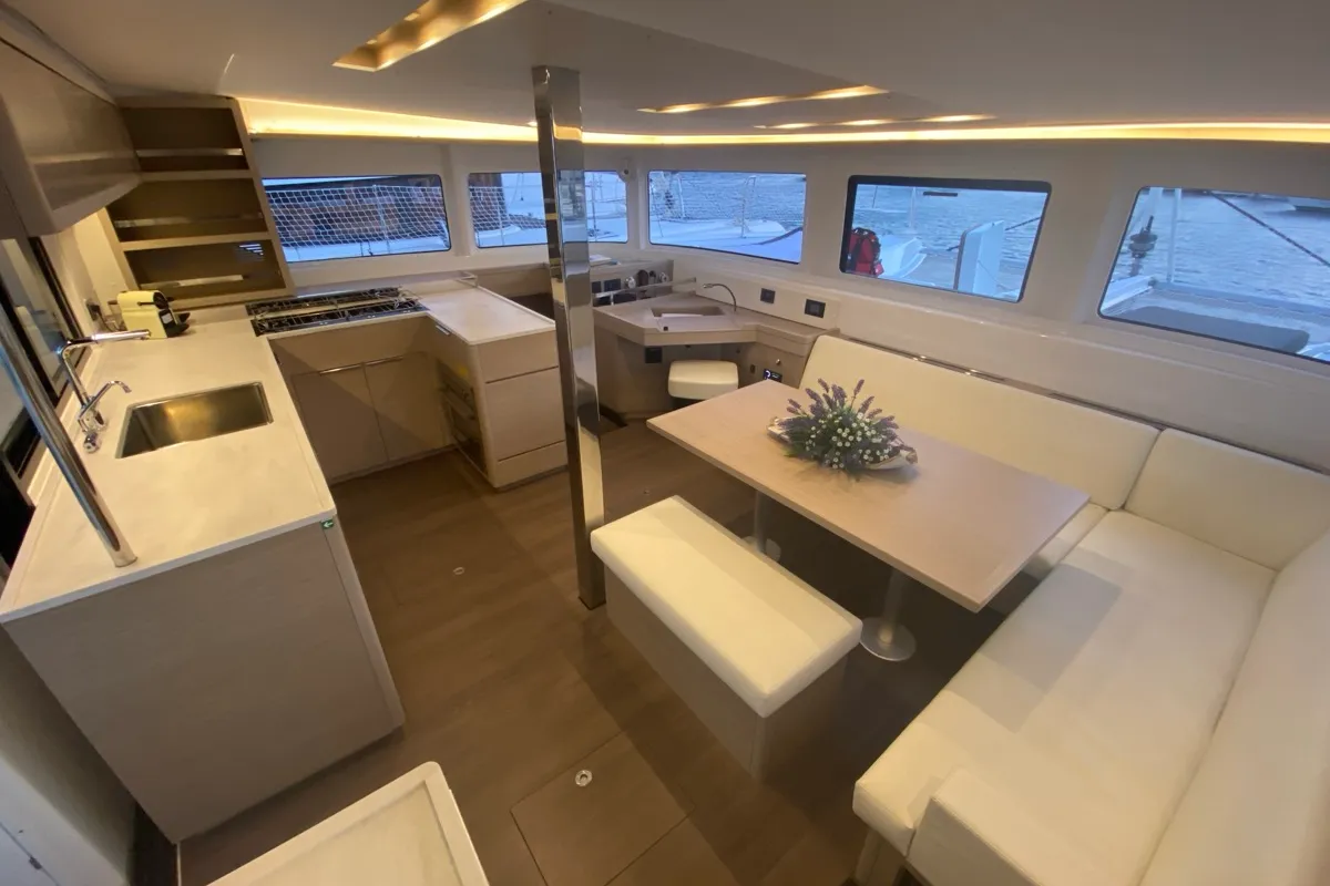 Salon of Arcturus, a Lagoon 46 catamaran at Olbia, Italy