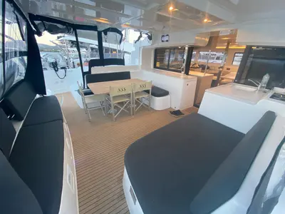 Deck of Arcturus, a Lagoon 46 catamaran at Olbia, Italy
