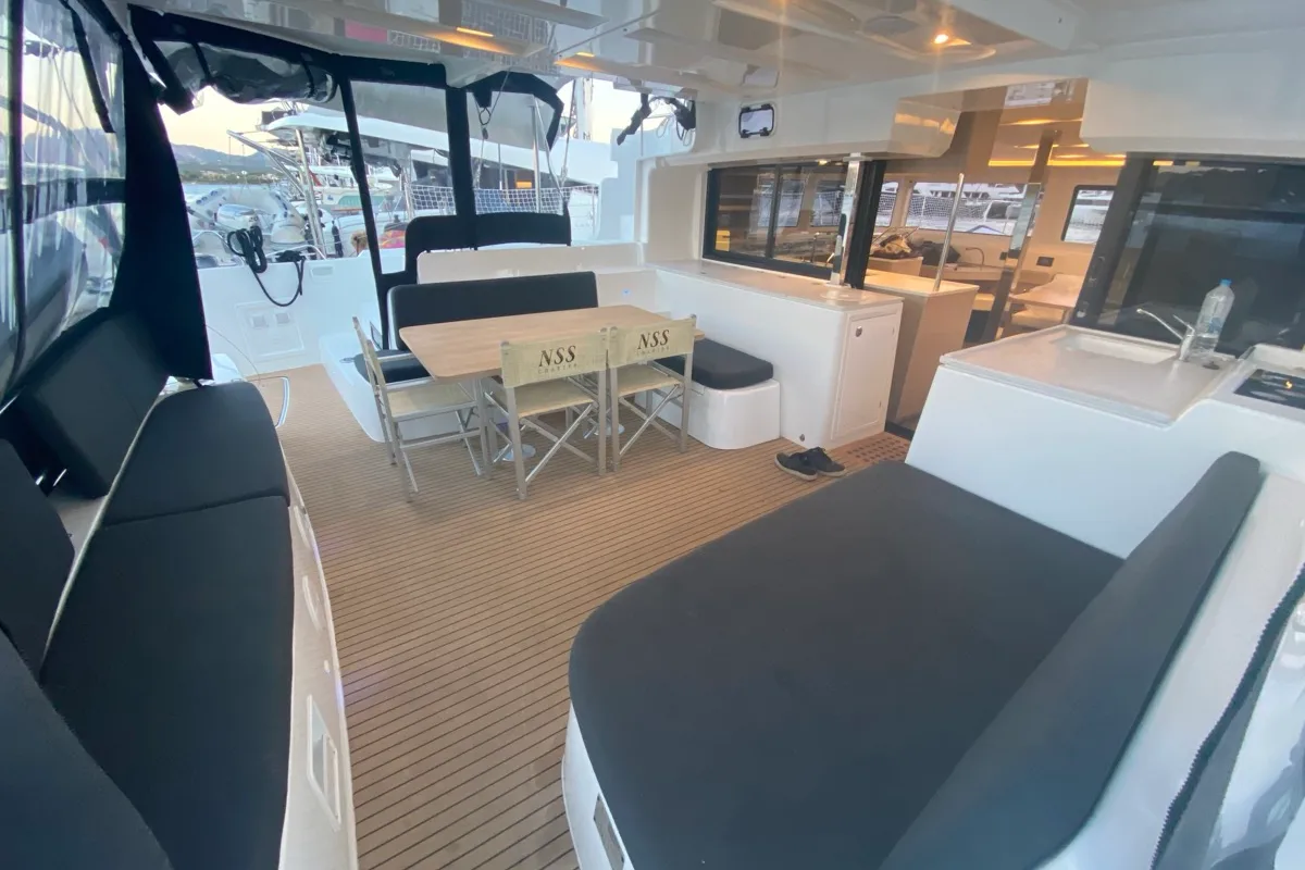Deck of Arcturus, a Lagoon 46 catamaran at Olbia, Italy