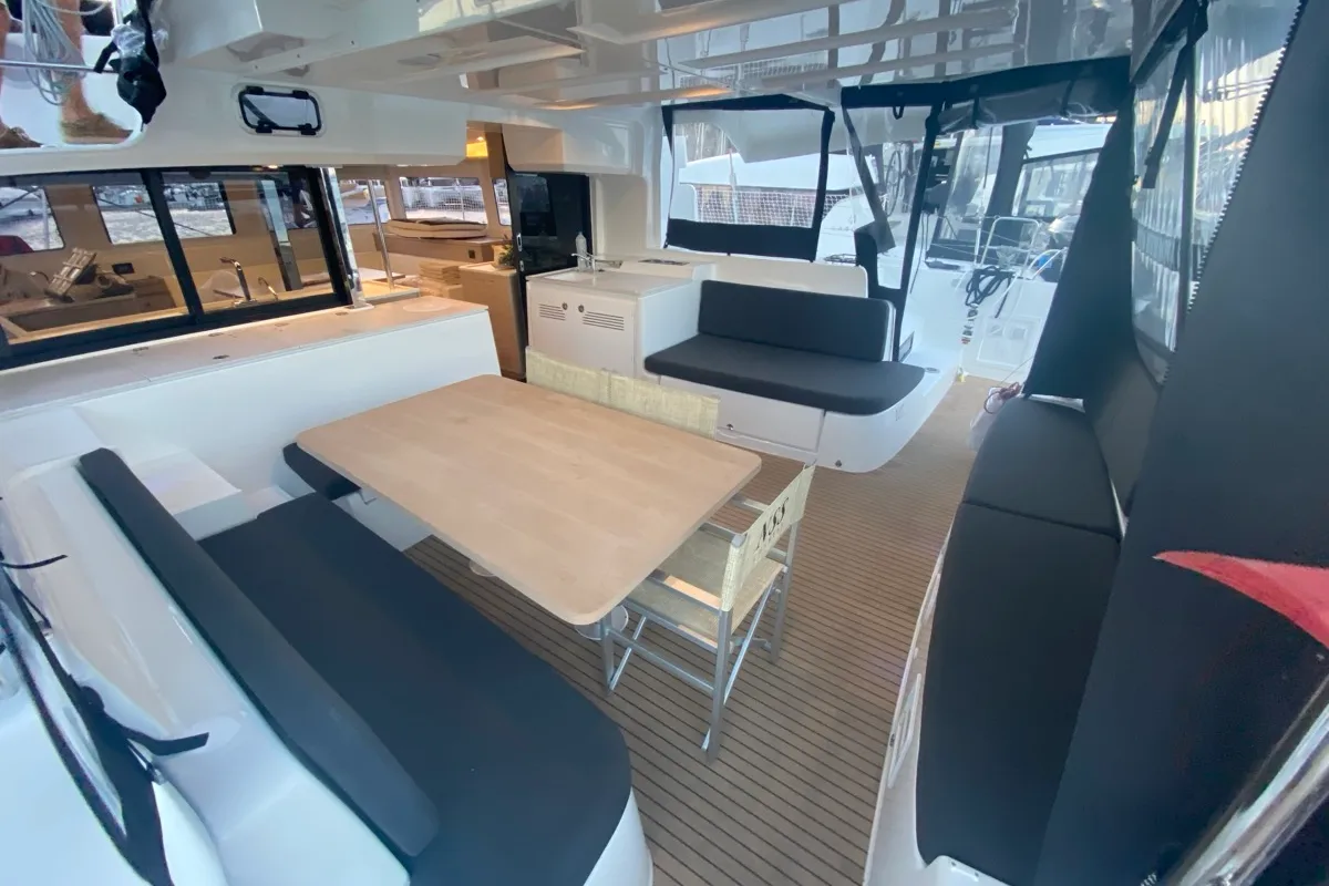 Deck of Arcturus, a Lagoon 46 catamaran at Olbia, Italy