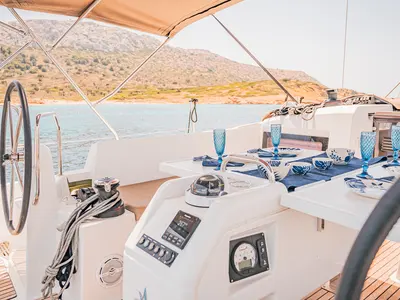 Cockpit of Soulmates, a Jeanneau Sun Odyssey 440 sailboat at Athens, Greece