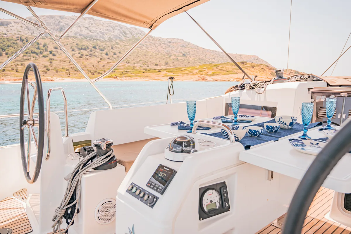 Cockpit of Soulmates, a Jeanneau Sun Odyssey 440 sailboat at Athens, Greece