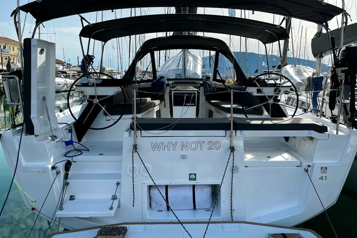 Deck of Why Not 20, a Dufour 41 sailboat at Municipal Unit of Lefkada, Greece