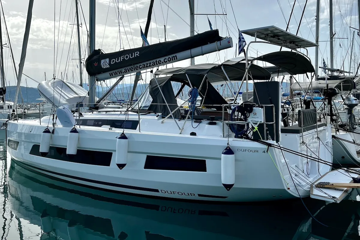 Exterior view of Why Not 20, a Dufour 41 sailboat at Municipal Unit of Lefkada, Greece