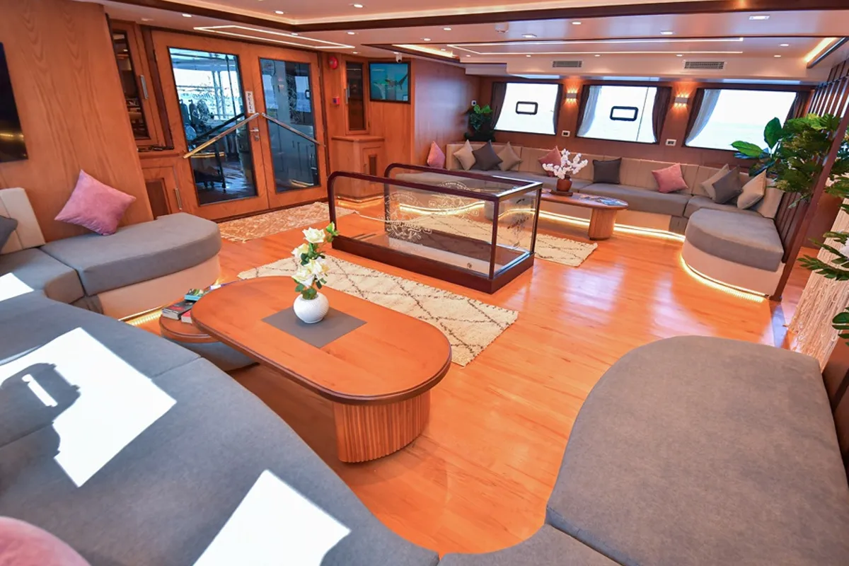 Salon of Twin bed cabin lower deck 4, a Gulet Luxury Motor Yacht motorboat at Sharm El Sheikh, Egypt