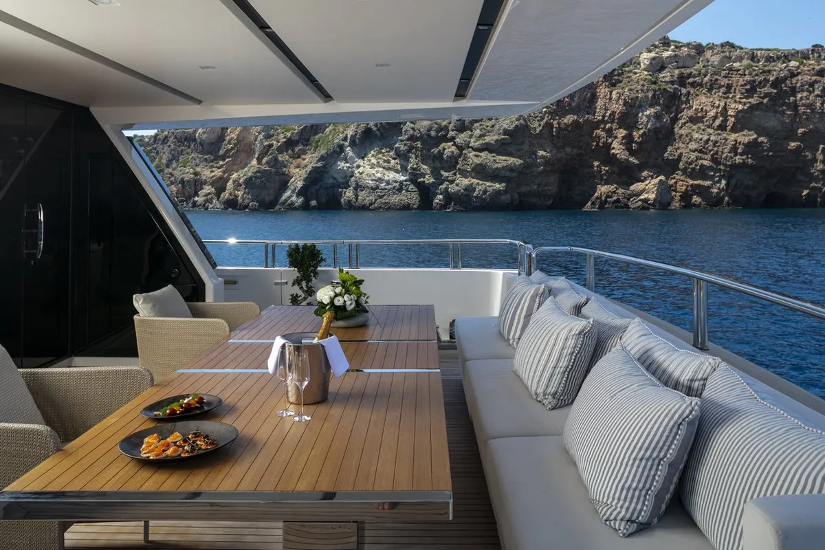 Exterior view of Dinaia, a Sanlorenzo Yacht SL106 motor yacht at Τροκαντερό, Greece