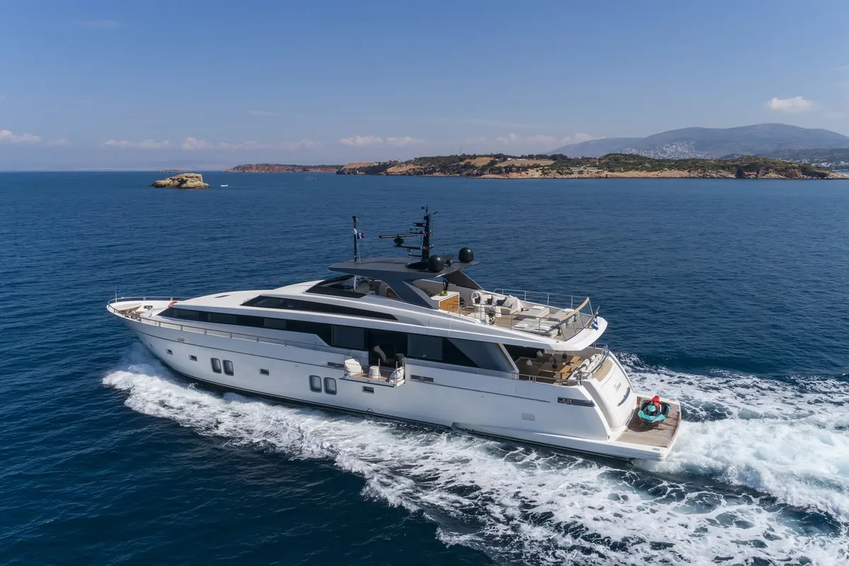 Exterior view of Dinaia, a Sanlorenzo Yacht SL106 motor yacht at Τροκαντερό, Greece