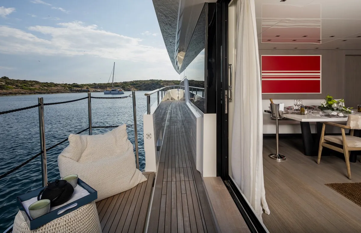 Deck of Dinaia, a Sanlorenzo Yacht SL106 motor yacht at Τροκαντερό, Greece