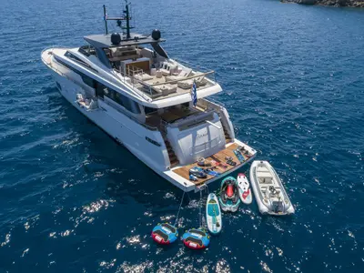 Cockpit of Dinaia, a Sanlorenzo Yacht SL106 motor yacht at Τροκαντερό, Greece