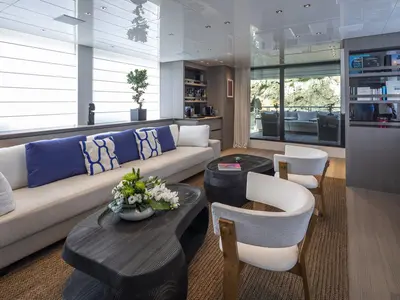 Salon of Dinaia, a Sanlorenzo Yacht SL106 motor yacht at Τροκαντερό, Greece