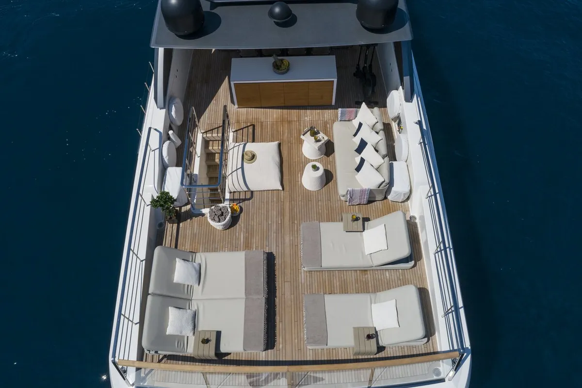 Deck of Dinaia, a Sanlorenzo Yacht SL106 motor yacht at Τροκαντερό, Greece