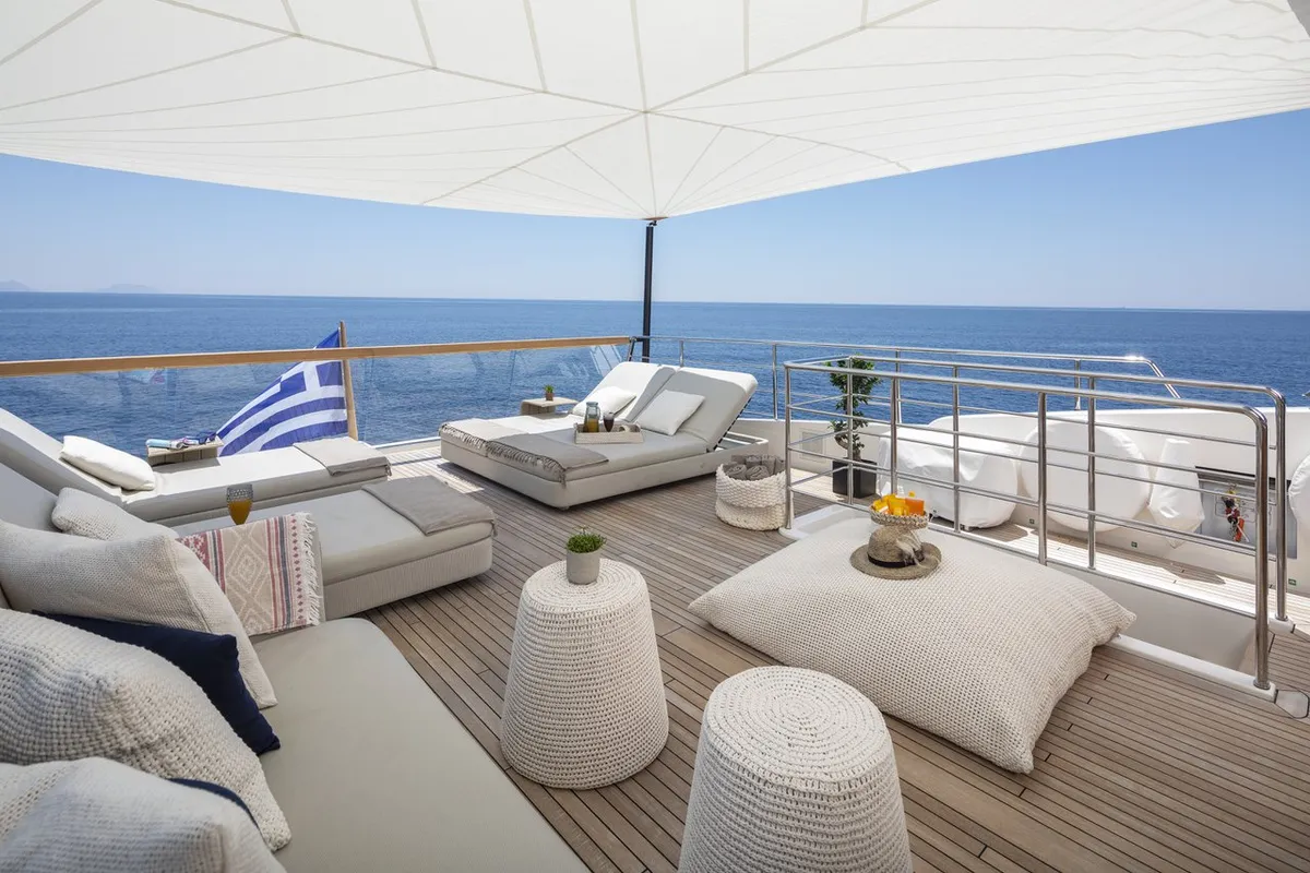 Deck of Dinaia, a Sanlorenzo Yacht SL106 motor yacht at Τροκαντερό, Greece