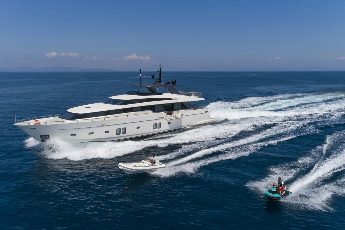 Exterior view of Dinaia, a Sanlorenzo Yacht SL106 motor yacht at Τροκαντερό, Greece