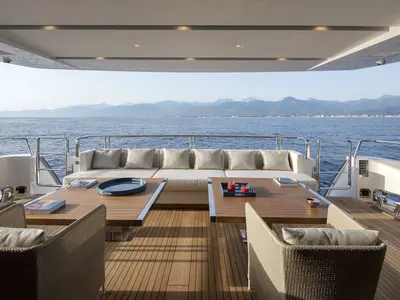 Deck of Dinaia, a Sanlorenzo Yacht SL106 motor yacht at Τροκαντερό, Greece