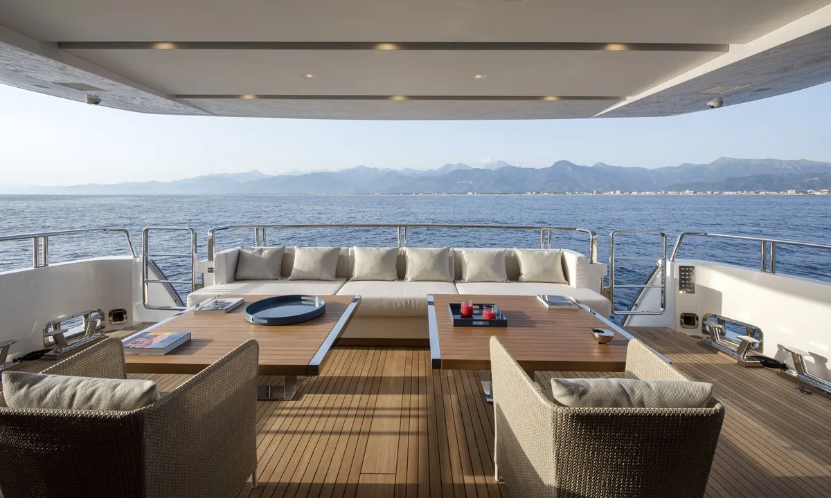 Deck of Dinaia, a Sanlorenzo Yacht SL106 motor yacht at Τροκαντερό, Greece
