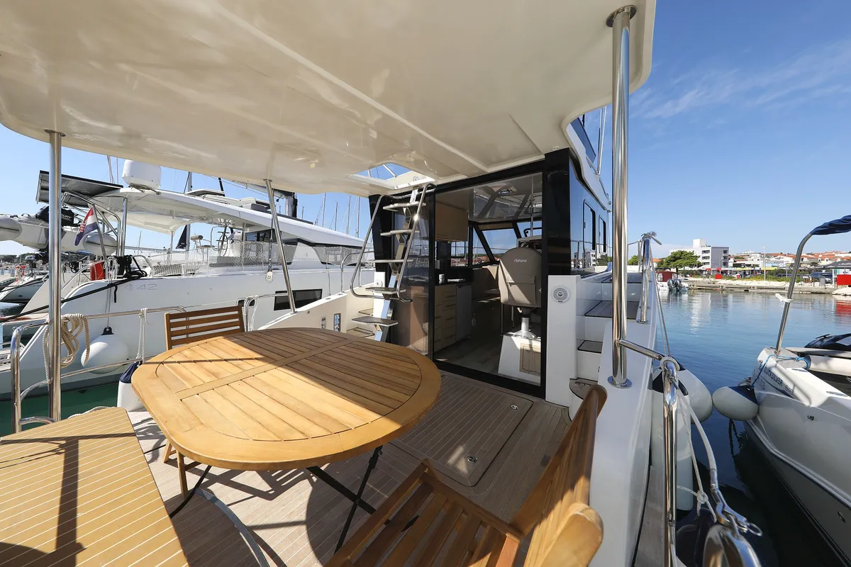Deck of Batu, a Cobra Yachts Futura 40 Grand Horizon motor yacht at Grad Vodice, Croatia