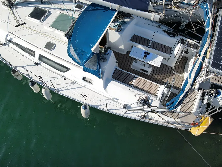 Exterior view of Panic, a Jeanneau Sun Odyssey 40 sailboat at Athens, Marina Delta Kallithea, Greece