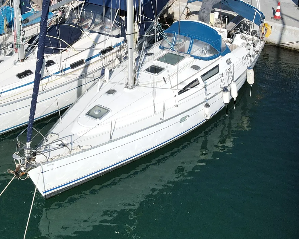 Exterior view of Panic, a Jeanneau Sun Odyssey 40 sailboat at Athens, Marina Delta Kallithea, Greece