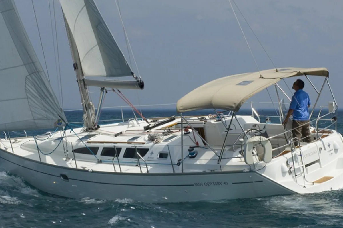 Deck of Panic, a Jeanneau Sun Odyssey 40 sailboat at Athens, Marina Delta Kallithea, Greece