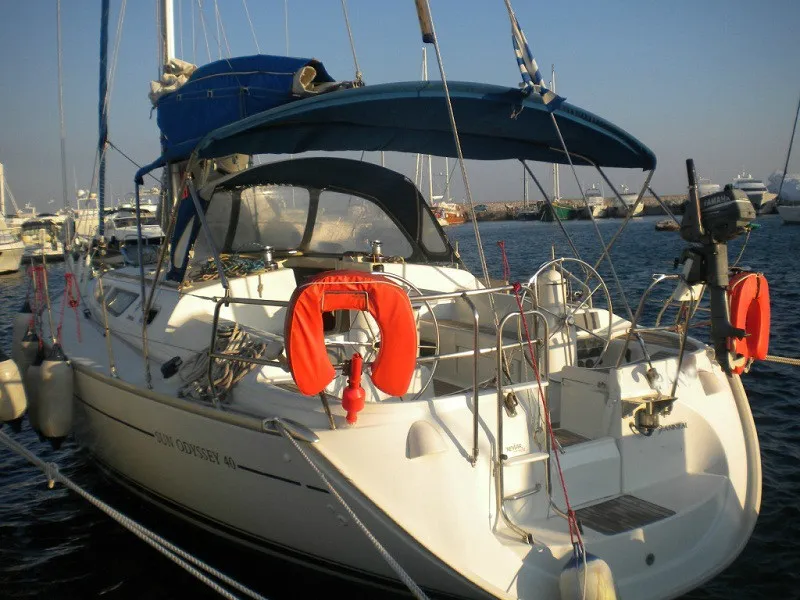 Exterior view of Panic, a Jeanneau Sun Odyssey 40 sailboat at Athens, Marina Delta Kallithea, Greece