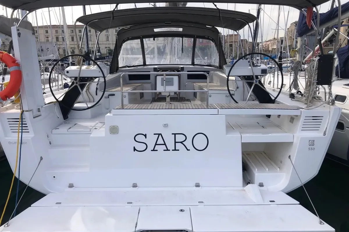 Exterior view of Saro, a Dufour 530 sailboat at Procida, Italy