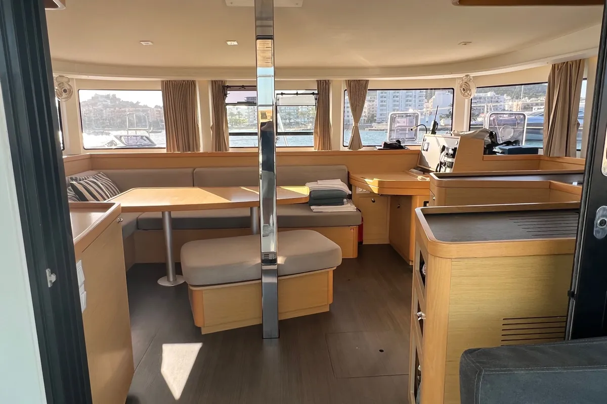 Salon of Genista II, a Lagoon 42 catamaran at Sant Antoni de Portmany, Spain