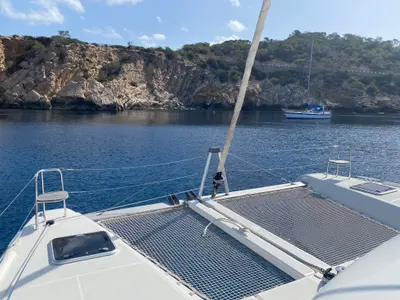Deck of Genista II, a Lagoon 42 catamaran at Sant Antoni de Portmany, Spain