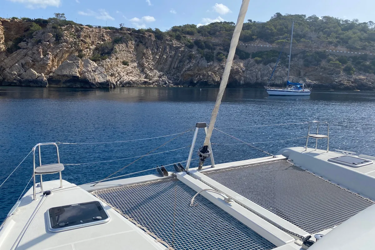 Deck of Genista II, a Lagoon 42 catamaran at Sant Antoni de Portmany, Spain