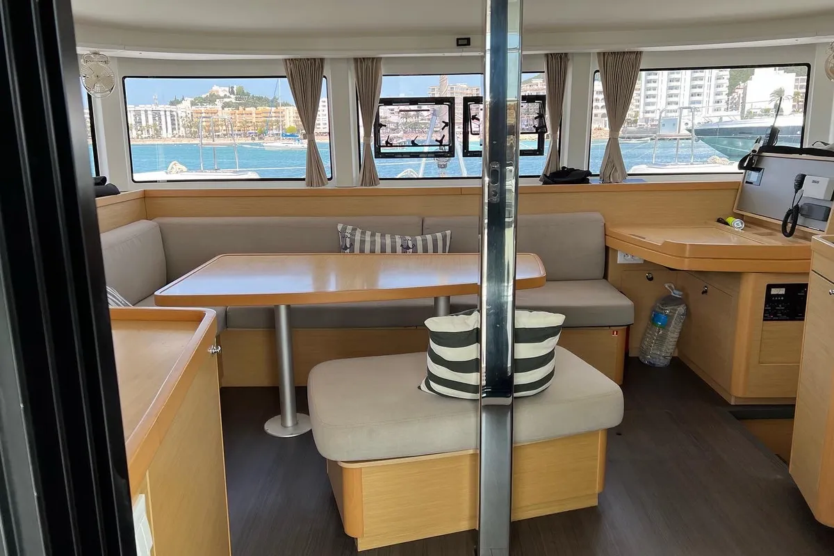Salon of Genista II, a Lagoon 42 catamaran at Sant Antoni de Portmany, Spain