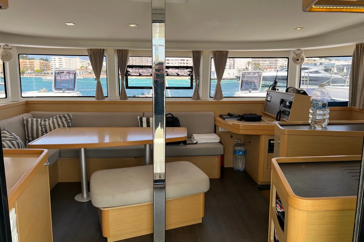 Salon of Genista II, a Lagoon 42 catamaran at Sant Antoni de Portmany, Spain