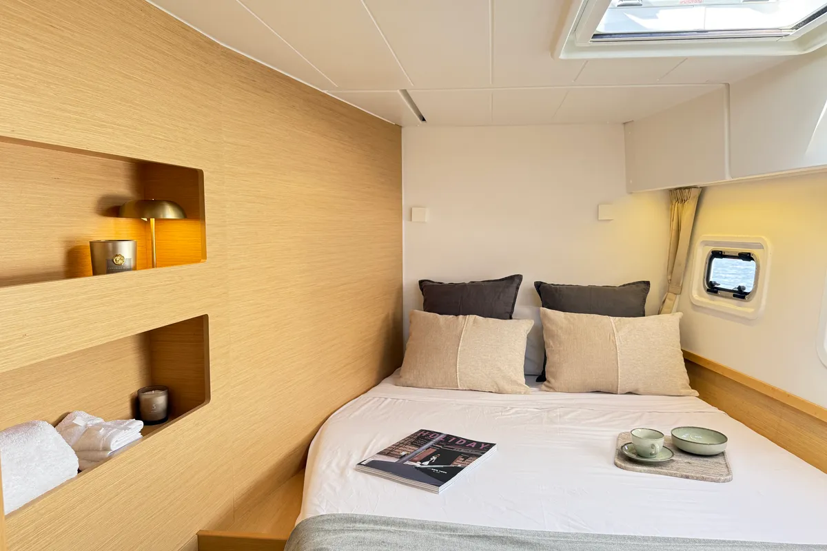 Cabin on Genista II, a Lagoon 42 catamaran at Sant Antoni de Portmany, Spain