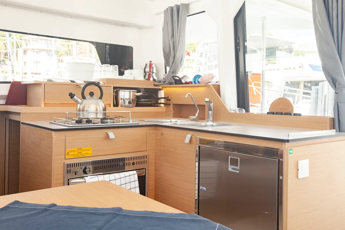 Galley of Teo & Kuzey, a Excess 11 catamaran at Marmaris, Turkey