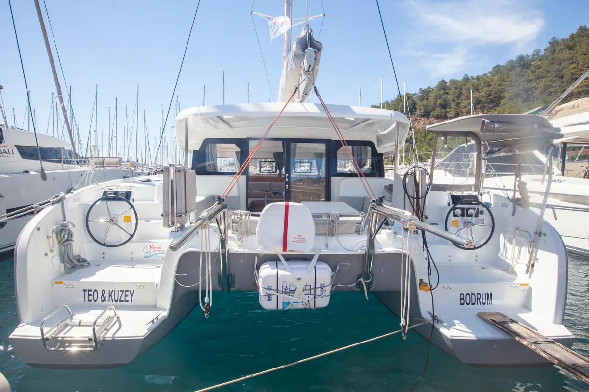 Exterior view of Teo & Kuzey, a Excess 11 catamaran at Marmaris, Turkey