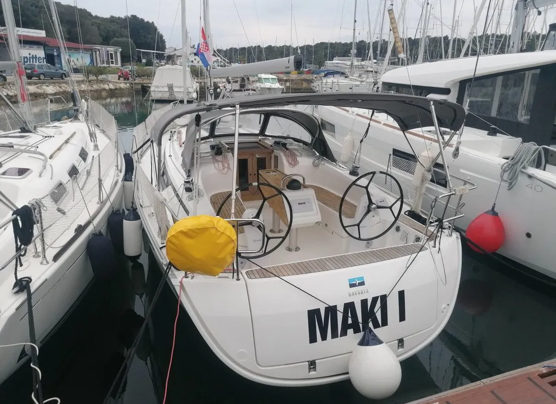 Exterior view of Maki I, a Bavaria Cruiser 34 sailboat at Grad Pula, Croatia